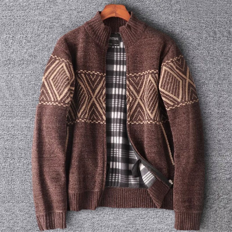 新品 国内未販売 ジャケットカーディガン 暖かさ 裏ボア メンズ シェニール フリース アウター ジップアップ ニットセーター 茶 T7108-M拍卖