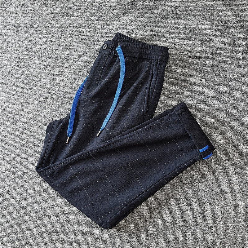 新品 色織り チェック柄 ウォッシュドコットン テーパードパンツ メンズスラックス 春秋 ゴムウエスト 紳士 ロングパンツ 黒 青 T6133-M拍卖