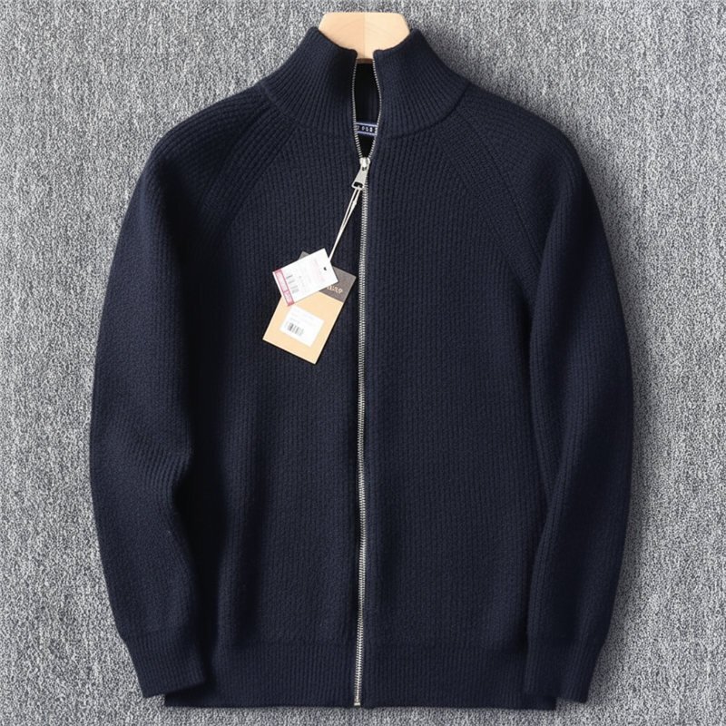 高級 新品 ウール混 ジップアップカーディガン メンズ 暖かい リブニット 秋冬 ジップアップ セーター ジャケット アウター 紺 T6030-2XL拍卖