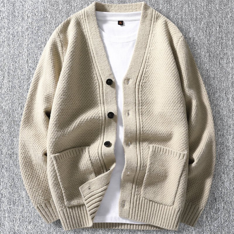 新品 ウール混 ニット カーディガン 秋冬 厚手 無地 Vネック セーター メンズ 秋冬 暖かさ ニットジャケット アウター ベージュ T6179-XL拍卖