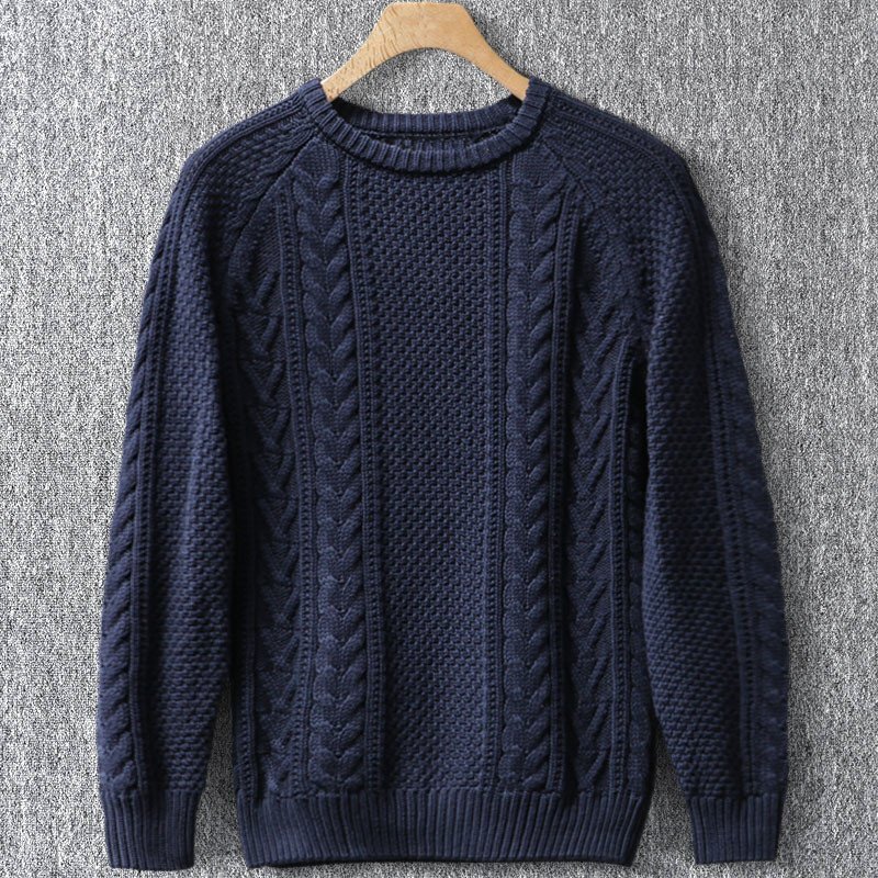 新品 DCKMANY ウール混 リブニット ケーブル ローゲージニット セーター クルーネック メンズ 秋冬 暖かい プルオーバー 紺 T7105-L拍卖