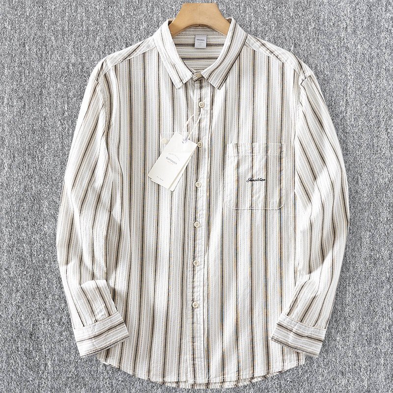 新品 DCKMANY シャツ長袖 サマー メンズ ストライプ ヴィンテージ 胸ポケット ウォッシュドコットン春夏 カジュアル/ カーキT6037-XL拍卖