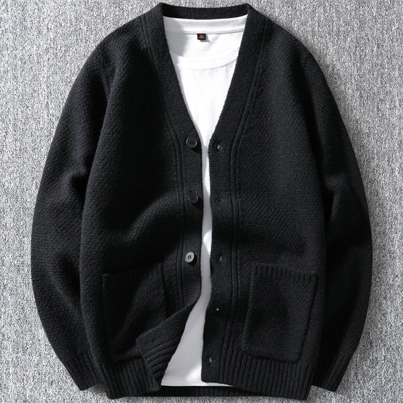 新品 ウール混 ニット カーディガン 秋冬 厚手 無地 Vネック セーター メンズ 秋冬 暖かさ ニットジャケット アウター ブラック T6178-2XL拍卖