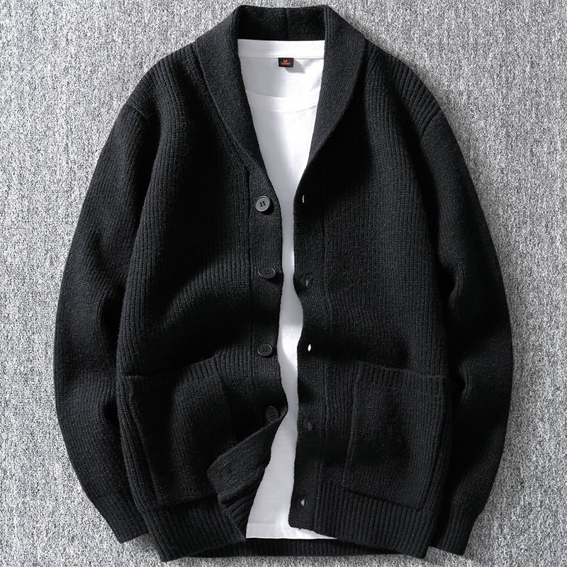 新品 ウール混 ニット カーディガン リブニット 秋冬 厚手 襟付き 無地 セーター メンズ 秋冬 暖かさ ニットジャケット ブラック T6174-M拍卖