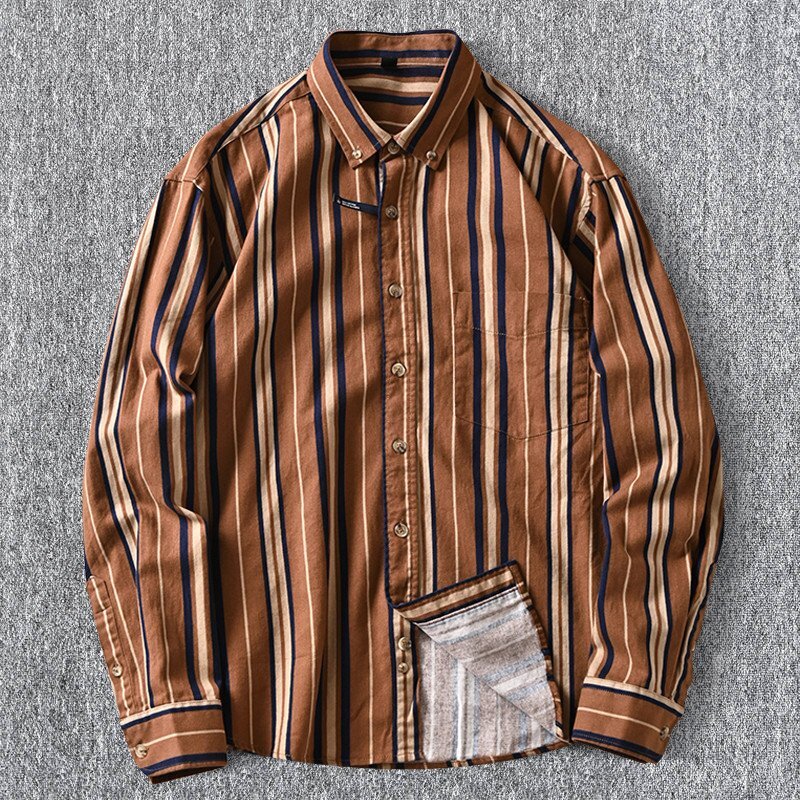高品質 新品 DCKMANY メンズ長袖シャツ ヴィンテージカラー 縦縞 加工起毛 純綿 快適な着心地 春夏 カジュアル/カフェ色T5040-2XL拍卖