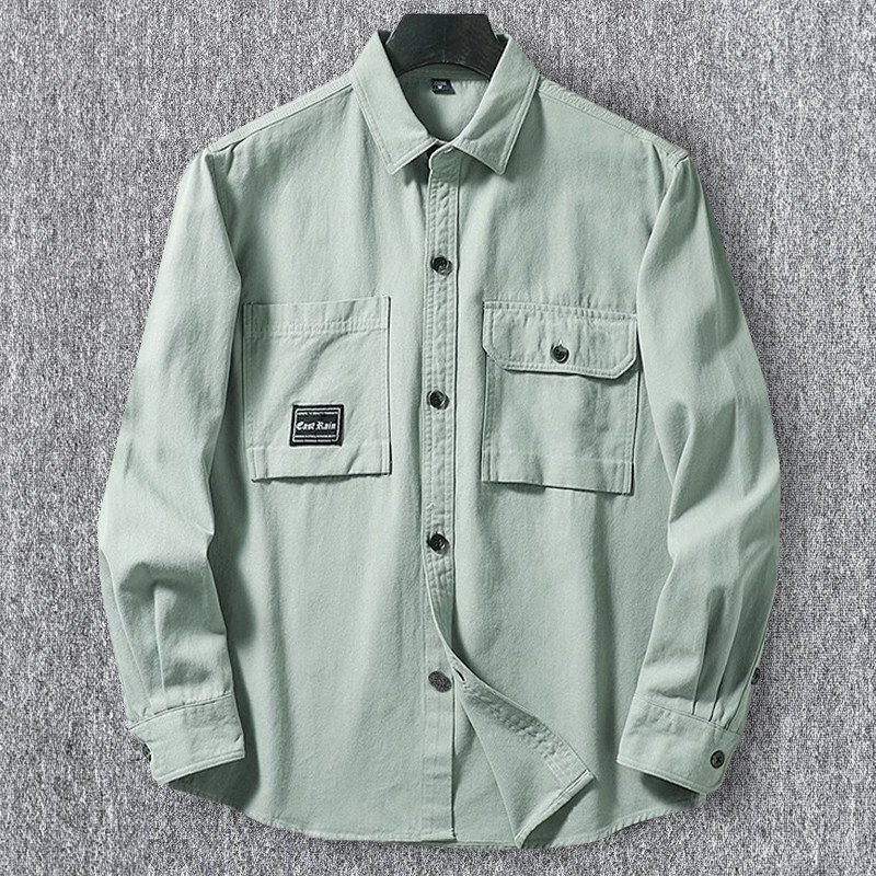 欧米スタイル 国内未販売 新品 メンズ長袖シャツ カーゴ ポケット ウォッシュドコットン 春秋 ゆったり 日常 カジュアル/緑色T6023-2XL拍卖