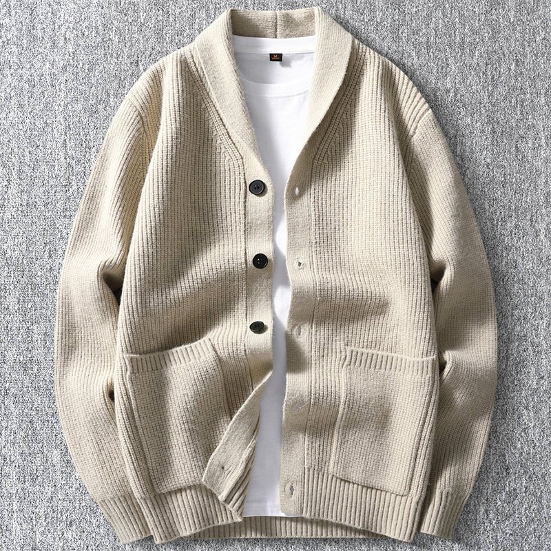 新品 ウール混 ニット カーディガン リブニット 秋冬 厚手 襟付き 無地 セーター メンズ 秋冬 暖かさ ニットジャケット ベージュ T6177-3XL拍卖