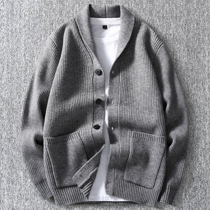 新品 ウール混 ニット カーディガン リブニット 秋冬 厚手 襟付き 無地 セーター メンズ 秋冬 暖かさ ニットジャケット グレー T6175-2XL拍卖
