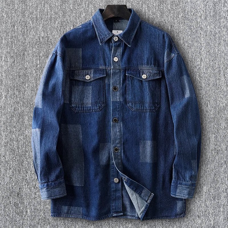 強くおすすめする!国内未販売 新品 メンズ長袖デニムシャツ ウォッシュドコットン 春秋 大きなポケット カジュアル/青T6171-L拍卖