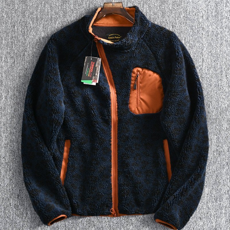 新品 フェイクボア ジャケット スタンドカラー デザイン 秋冬 厚手 配色 メンズ 斜めファスナー ボア フリースブルゾン 紺 T7150-XL拍卖