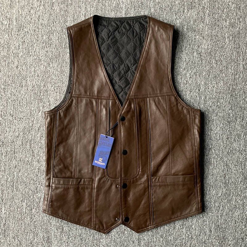 最高級EU製 DCKMANY新品羊革ベスト メンズ 極上本革 ベスト 細身 中綿 レザー フィット バイカーズ ライダースベスト/ブラウン-B8354-1-XL拍卖