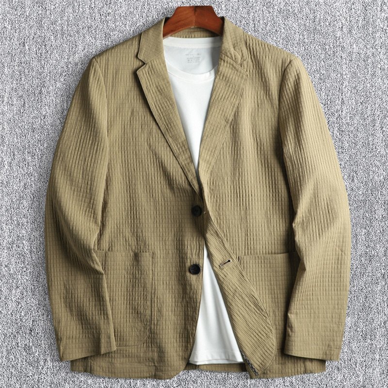 高級 新品 テーラードジャケット メンズ 春夏 薄手 シアサッカー 通気性 軽量 サマー テクスチャー ブレザー ジャケット/カーキ色T5122-2XL拍卖