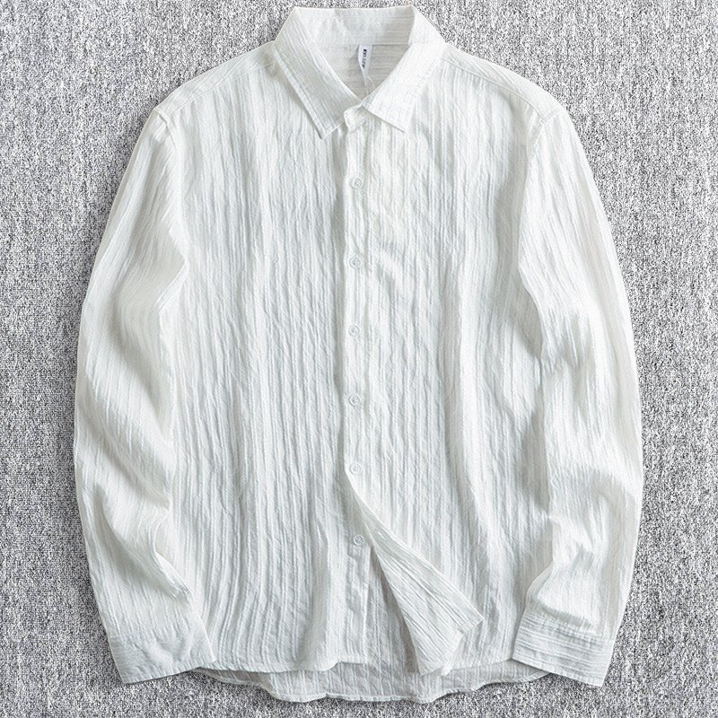新品 楊柳 クレープ 綿 麻 長袖シャツ リネン コットン メンズ 形態安定 春夏 薄手 吸水速乾 無地 ボタンダウン パナマシャツ 白 T6119-3XL拍卖