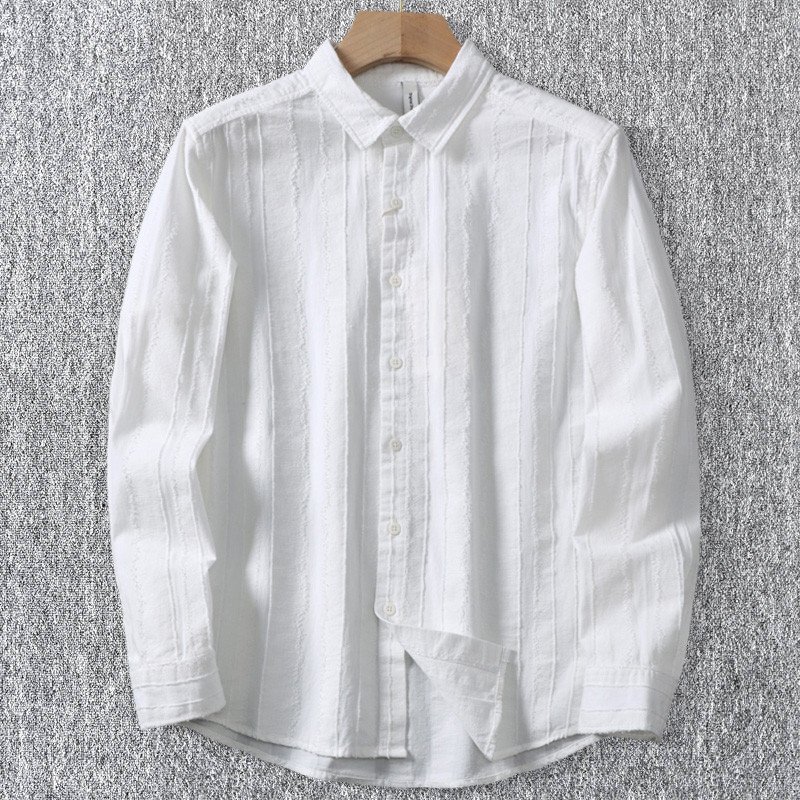 新品 麻 綿 ジャガード 長袖シャツ メンズ 春夏秋 リネン コットン カジュアル カジュアル ボタンダウン レギュラーカラー 白 T7990-3XL拍卖