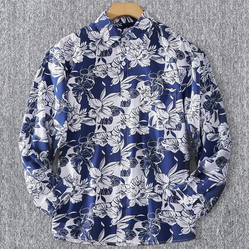 高品質感!新品 DCKMANY メンズ長袖シャツ レトロ ビーチの風 プリント柄 春夏 肌触りが良い カジュアル/ 紺色T4056-2XL拍卖