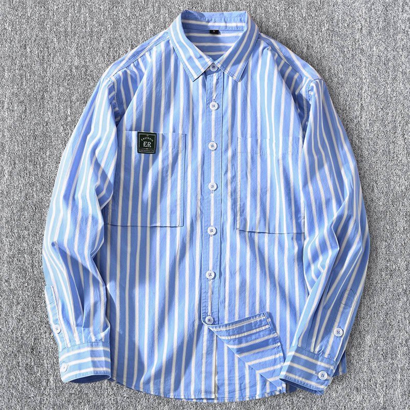 質感が抜群!国内未販売 新品 メンズストライプ長袖シャツ ウォッシュドコットン 春秋 オフィス カジュアル 日常 カジュアル/水色T4014-2XL拍卖