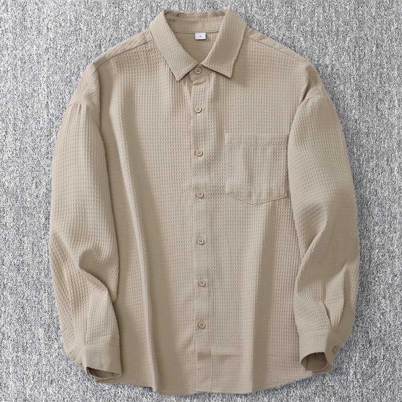新品 ワッフル シアサッカーシャツ 形態安定 春秋 コットン 長袖シャツ 胸ポケット メンズ 薄手 無地 ボタンダウン カーキ T5135-L拍卖