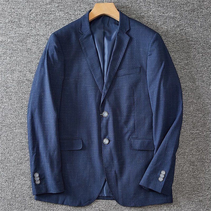 高級オーダーメイド DCKMANY 新品 高品質 麻混 テーラードジャケット ビジネス スリム メンズ スーツ ジャケット/紺色T7015-2XL拍卖