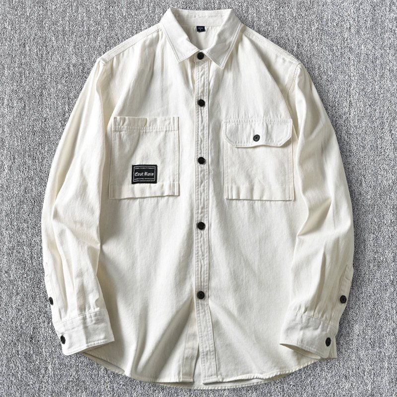 欧米スタイル 国内未販売 新品 メンズ長袖シャツ カーゴ ポケット ウォッシュドコットン 春秋 ゆったり 日常 カジュアル /白T6021-L拍卖