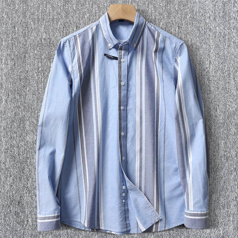 人気モデル!DCKMANY 新品 メンズ長袖シャツ 純綿 オックスフォード 春夏 ストライプ柄 日常 カジュアル/水色T4027-XL拍卖