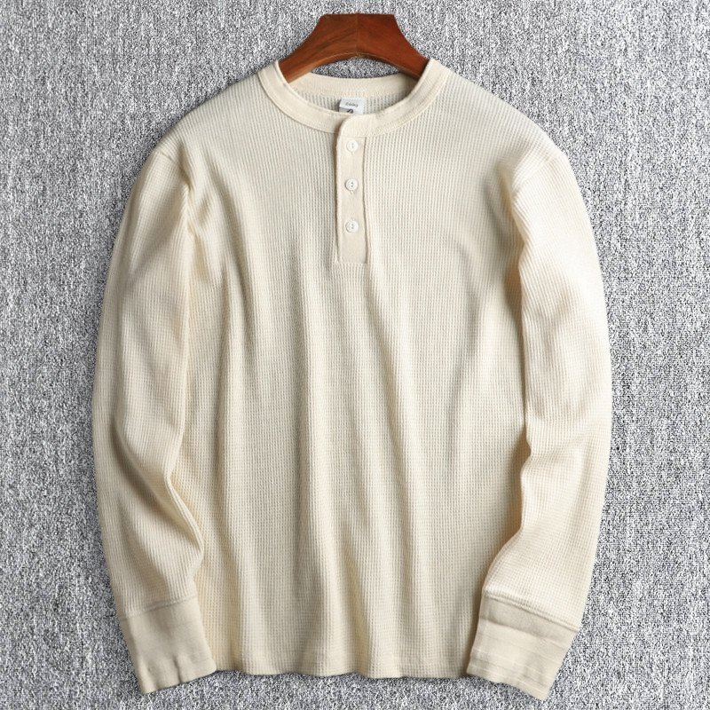 新品 欧米 ワッフル カットソー ニット ヘンリーネック 長袖Tシャツ メンズ 薄手 綿混 春秋 快適 カジュアル スポーツ ベージュ T5143-3XL拍卖