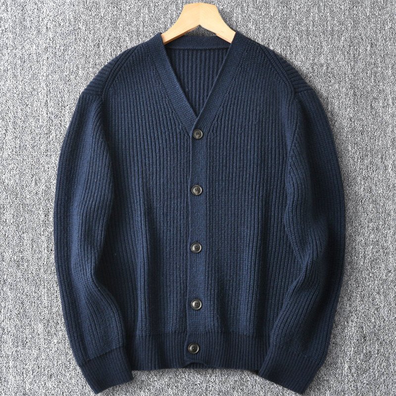 高級 国内未販売 新品 ウール カーディガン ローゲージ メンズ Vネック 厚手 極暖 秋冬 着心地抜群 柔らかい ウールセーター 紺 T7109-L拍卖