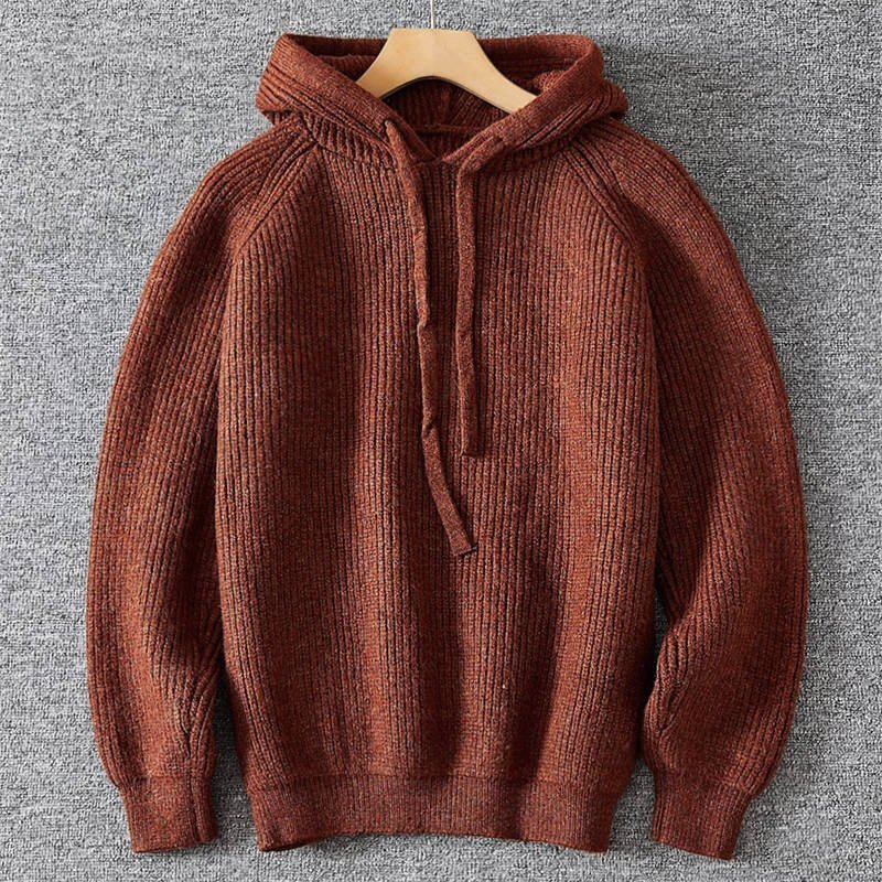 欧米サイズ 新品 ウール混 ニット セーター メンズ フード付き リブ編み 暖かい 秋冬 ニットパーカー プルオーバー カフェ色 T8106-XL拍卖
