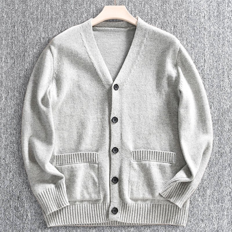 新品 ウール混 カーディガン ストレッチ ノーカラー 厚手 暖かい 秋冬 柔らかい Vネック 無地 メンズ ニットセーター 灰 T8106-M拍卖