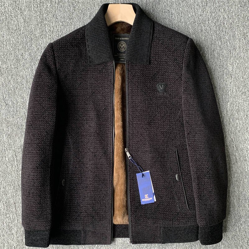 新品 DCKMANY ウール混 ニットジャケット フェイクミンク 秋冬 裏ボア 秋冬 極暖 ストレッチ メンズボアアウター ダークパープル E555-L拍卖