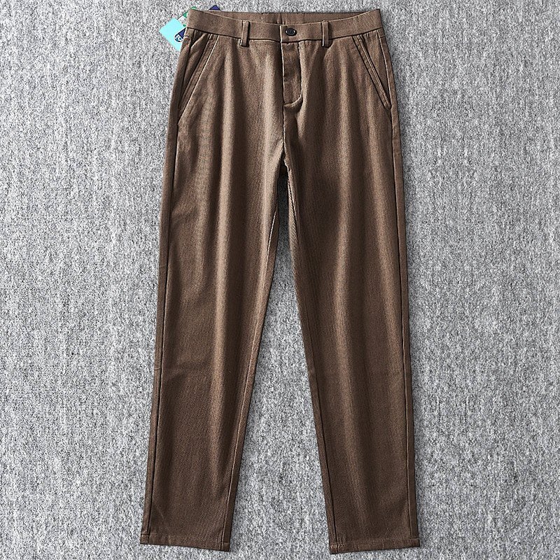 新品 リブ編み ニット コーデュロイ テーパードパンツ ストレッチ メンズスラックス 秋冬 厚手 ウエストゴム ロングパンツ 茶 T7135-M拍卖