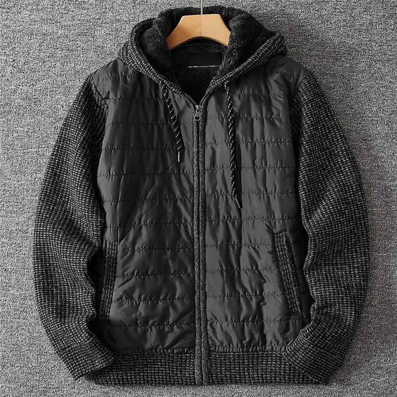 新品 国内未販売 メンズ ジャケット キルティング 裏ボア 中綿 秋冬 ニット フード付き 切替デザイン 厚手 極めて暖かい 黒 T6108-L拍卖