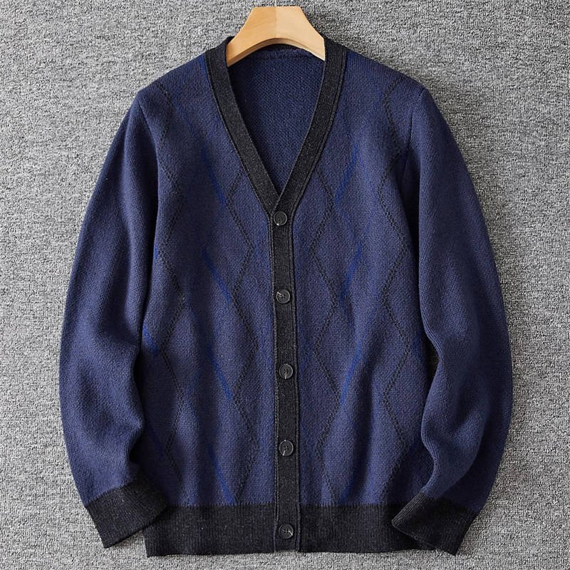 高級 国内未販売 新品 カーディガン 厚手 極暖 秋冬 メンズ ヴィンテージ ダイヤ柄 ジャガード ニット 柔らかい セーター 紺 T7106-L拍卖
