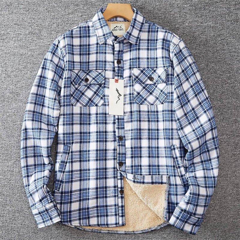 アメリカン 国内未販売 新品 メンズ 長袖シャツ 上質綿混 裏起毛 重厚 秋冬 青と白の格子柄 保温 ポケット付き シャツジャケット T6109-XL拍卖