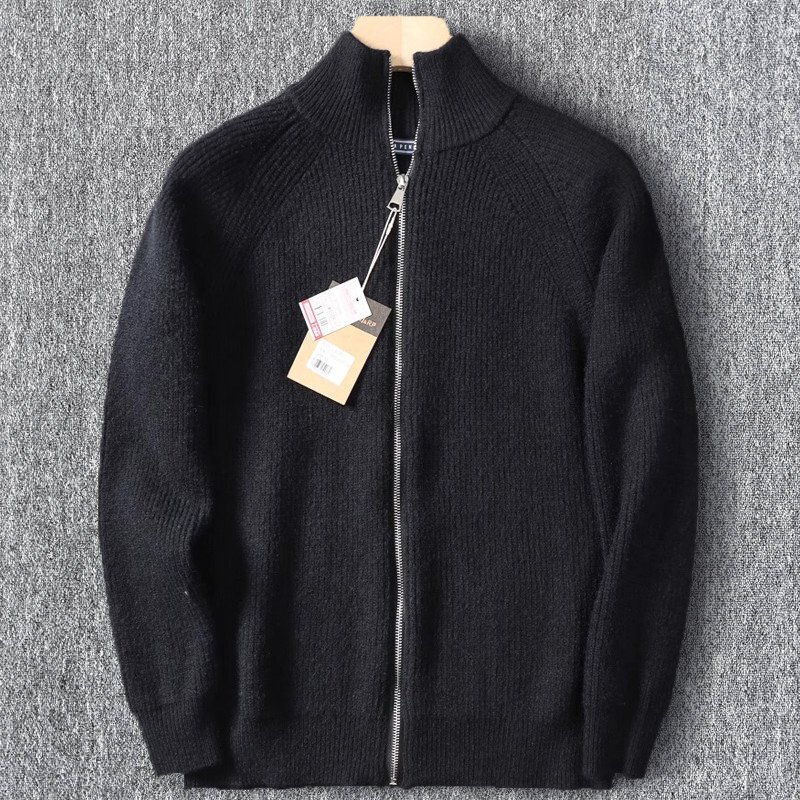 高級 新品 ウール混 ジップアップカーディガン メンズ 暖かい リブニット 秋冬 ジップアップ セーター ジャケット アウター 黒 T6016-XL拍卖