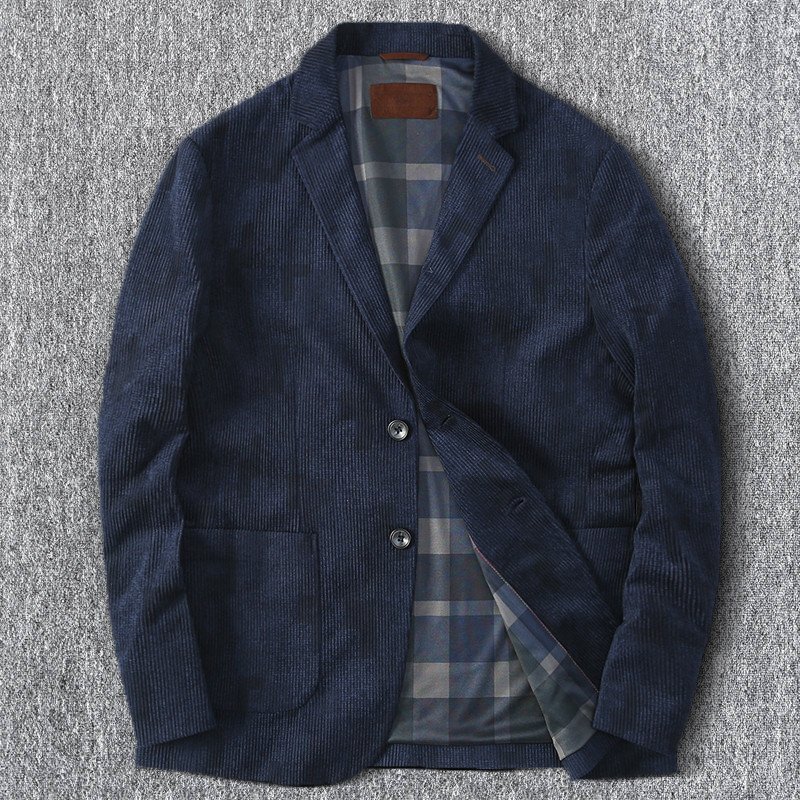 高級 DCKMANY 新品 メンズ テーラードジャケット 春秋 ビジネス コーデュロイスーツ しわ防止 スリム スーツジャケット/濃紺T8033-L拍卖