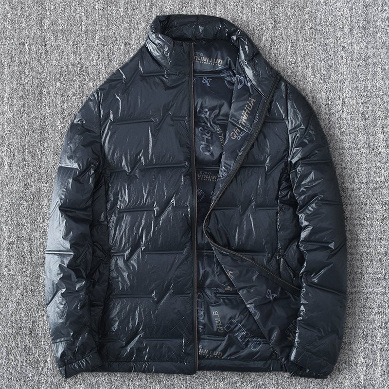 高品質な作り 国内未販売 新品 メンズダウンジャケット ダウン90% 立ち襟 防風 防水 防寒 シームレス ダウンジャケット/黒青色T6024-L拍卖
