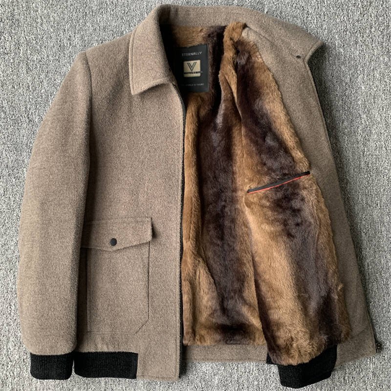 新品 DCKMANY ウール混 ニットジャケット フェイクミンク 秋冬 裏ボア 秋冬 極暖 ストレッチ メンズボアブルゾンアウター カーキ E554-2XL拍卖