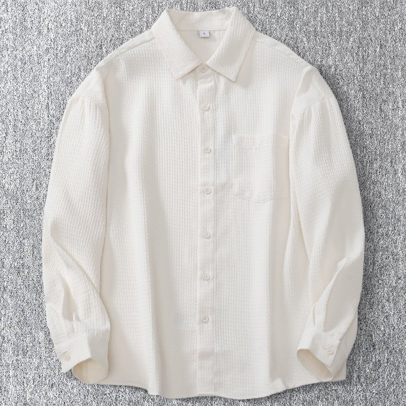 新品 ワッフル シアサッカーシャツ 形態安定 春秋 コットン 長袖シャツ 胸ポケット メンズ 薄手 無地 ボタンダウン ベージュ T5135-2XL拍卖