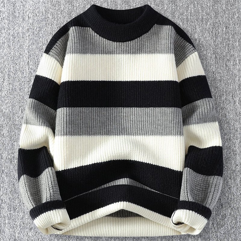 新品 DCKMANY ウール混 ニットセーター メンズ ストライプ 3配色 暖かい プルオーバー 厚手 秋冬 プルオーバー トップス 黒白 T5205-XL拍卖