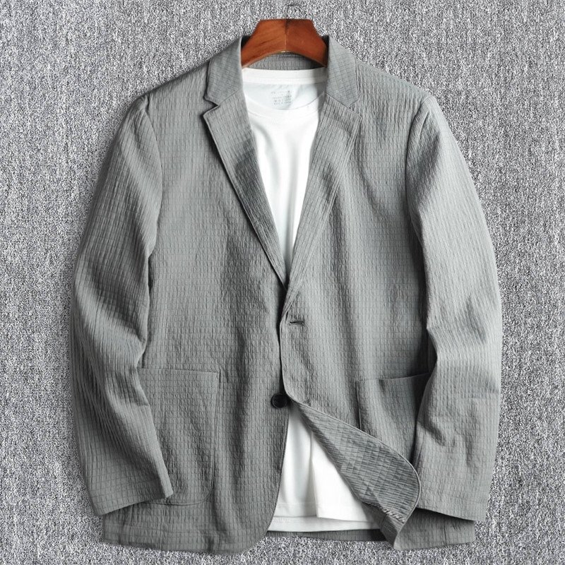高級 新品 テーラードジャケット メンズ 春夏 薄手 シアサッカー 通気性 軽量 サマー テクスチャー ブレザー ジャケット/灰色T5125-2XL拍卖