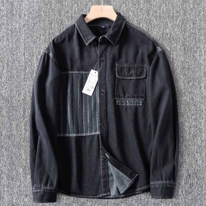 新品 DCKMANY デニム シャツ メンズ 長袖 ダンガリー 春夏 薄手 ユーズド加工 切替デザイン コットン ゆったり 胸ポケット/黒T8041-M拍卖