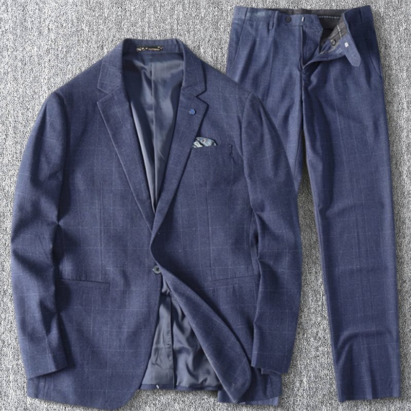 新品 セットアップスーツ スーツセット ウール混 ビジネス メンズ フォーマル チェック柄 秋冬スーツ スラックス 上下セット 紺 T1580-L拍卖