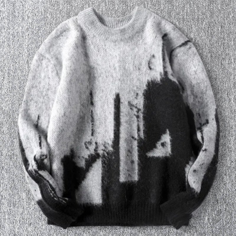 欧米サイズ 新品 モヘア混 ジャカード クルーネック ニットセーター アシンメトリー配色 メンズ 暖かい 秋冬 ニットトップス 灰 T913-XL拍卖