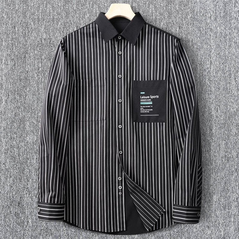 国内未販売 新品 メンズ長袖シャツ 春夏 ストライプ オックスフォード 日常 カジュアル シャツジャケット/黒白T2001-3XL拍卖