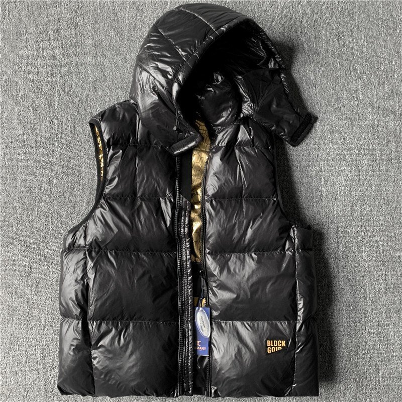 最上級 EU製DCKMANY新品 メンズ ダウンベスト フード付き 厚手 軽量 防寒 冬 キルティング ダウンジャケット ライダース ブラックB9825-L拍卖