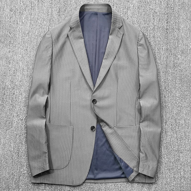 超高品質 DCKMANY 新品 メンズ テーラードジャケット 春秋 ビジネス ストライプ 弾力性 通気性 しわ防止 スーツ ジャケット/灰T3005-M拍卖