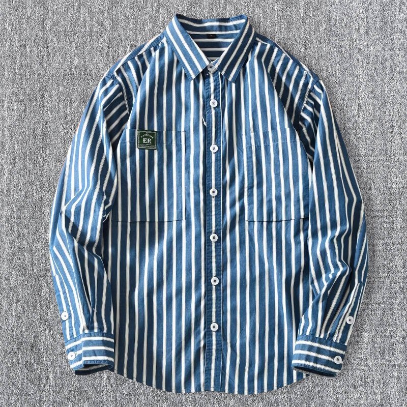 質感が抜群!国内未販売 新品 メンズストライプ長袖シャツ ウォッシュドコットン 春秋 オフィス カジュアル 日常 カジュアル/紺色T4013-L拍卖