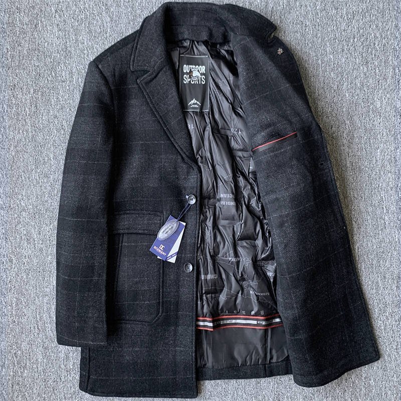 新品 DCKMANY ウール混 ダウンコート 厚手 防寒 ダウン90% 紳士 チェック柄 メンズ ミドル ダウン チェスター コート 濃灰 D9977-2XL拍卖