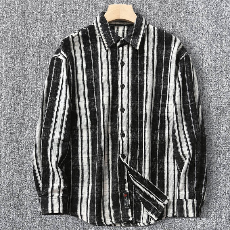 国内未販売 新品 メンズ長袖シャツ 春秋 ストライプ シェニール 起毛仕上げ 日常 カジュアル シャツジャケット/黒白T5033-XL拍卖