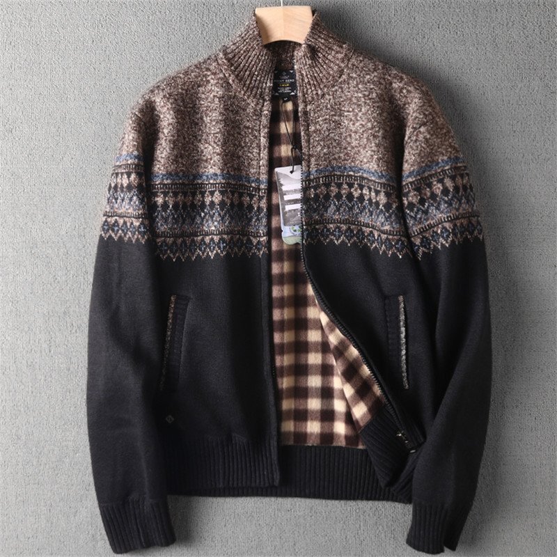 新品 ジャガード ニットジャケット ジップアップ カーディガン メンズ 暖かさ 裏ボア 秋冬 フリース アウター ニットセーター 茶 T6019-XL拍卖